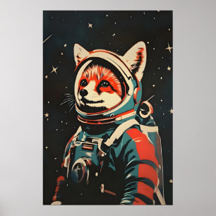 Fox Astronaut Poster, Fox Retro Print, Fox Poster