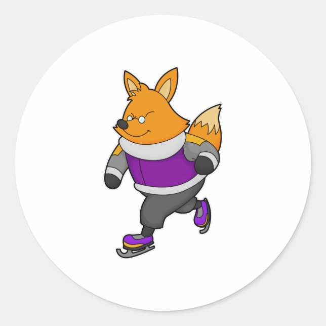 Fox at Ice skating with Ice skates & Glasses Classic Round Sticker (Front)
