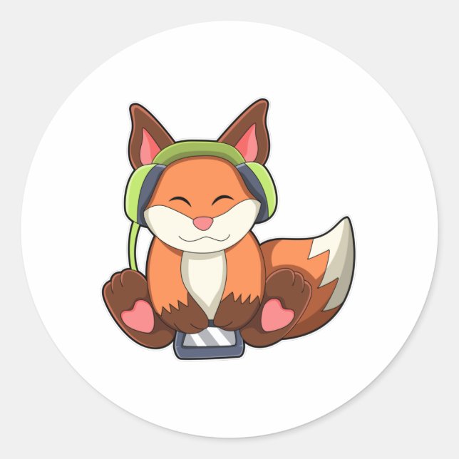 Fox at Music with Headphone Classic Round Sticker (Front)