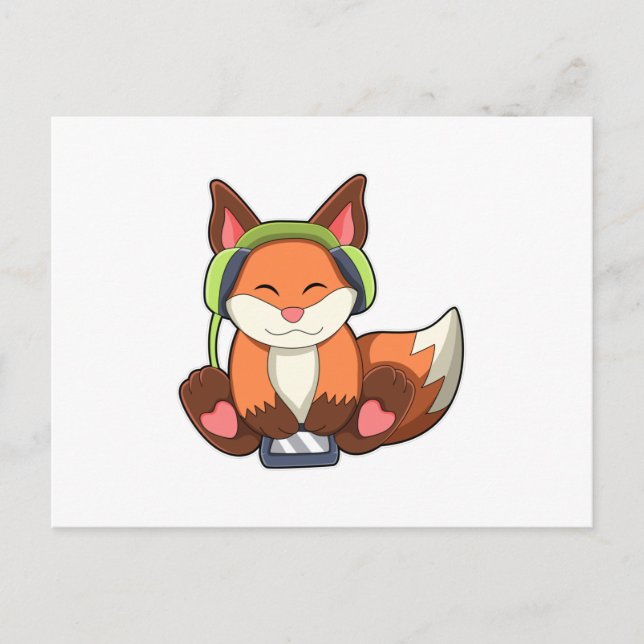 Fox at Music with Headphone Postcard (Front)