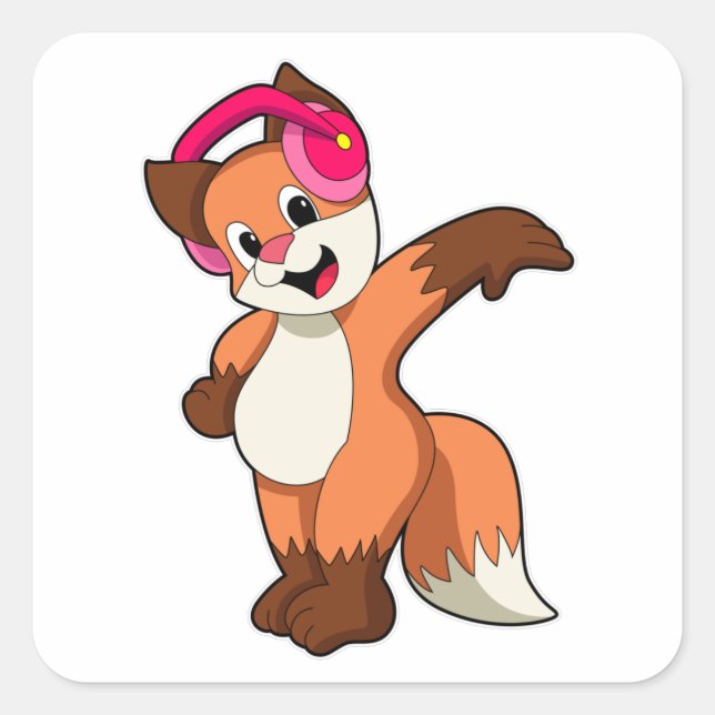 Fox at Music with Headphone Square Sticker (Front)
