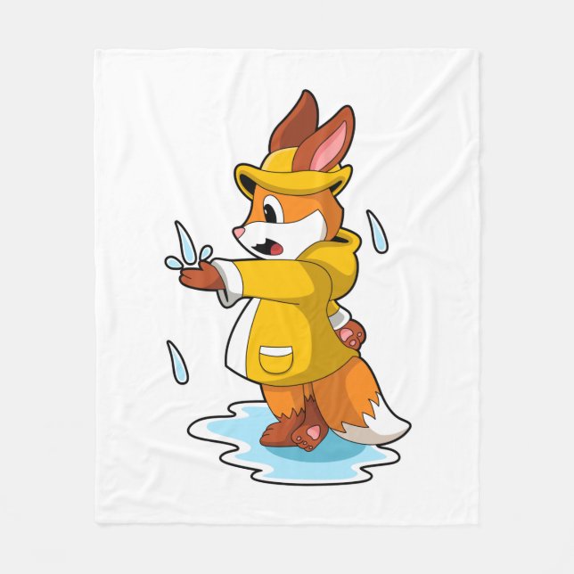 Fox at Rain with Rain drops Fleece Blanket (Front)