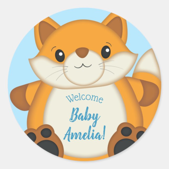 Fox Baby Shower Blue Classic Round Sticker (Front)