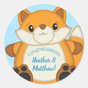 Fox Baby Shower Blue Classic Round Sticker