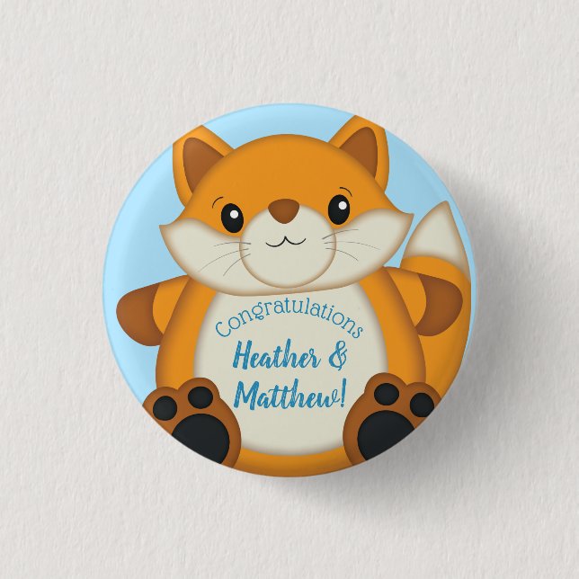 Fox Baby Shower Blue Woodland 1 Inch Round Button (Front)