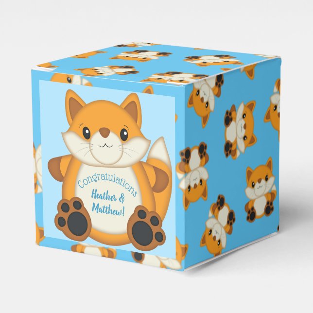Fox Baby Shower Blue Woodland Favor Box (Front Side)