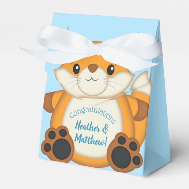 Fox Baby Shower Blue Woodland Favor Box (Front Side)