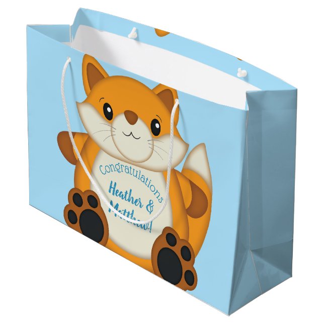 Fox Baby Shower Blue Woodland Large Gift Bag (Back Angled)