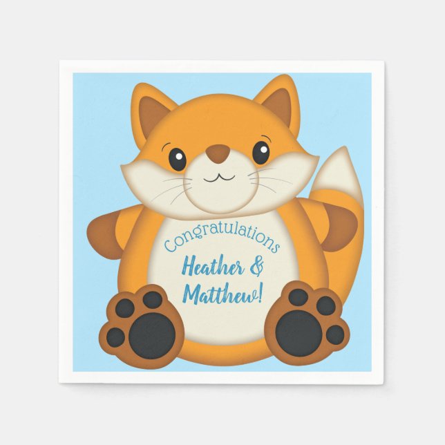 Fox Baby Shower Blue Woodland Napkin (Front)