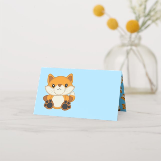 Fox Baby Shower Blue Woodland Place Card (Front)