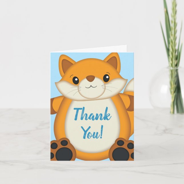 Fox Baby Shower Blue Woodland Thank You Card (Front)