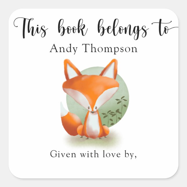 Fox Baby Shower bookplate - this book belongs to Square Sticker (Front)