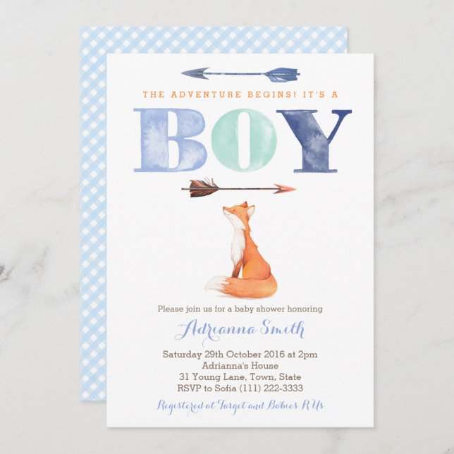 fox baby shower invites, boy fall baby sprinkle invitation (Front/Back)