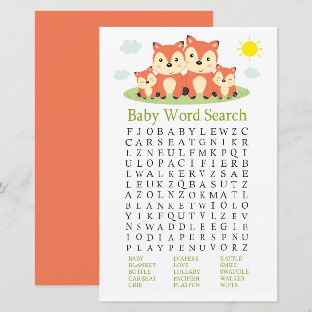 Fox Baby Shower Word Search Game (Front/Back)