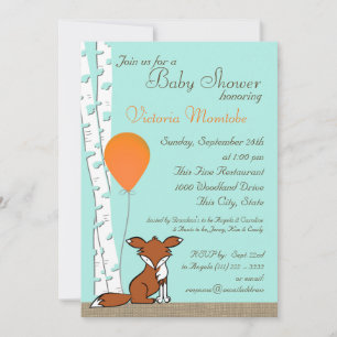 Fox Balloon and Birch Woodland Baby Shower Invitation