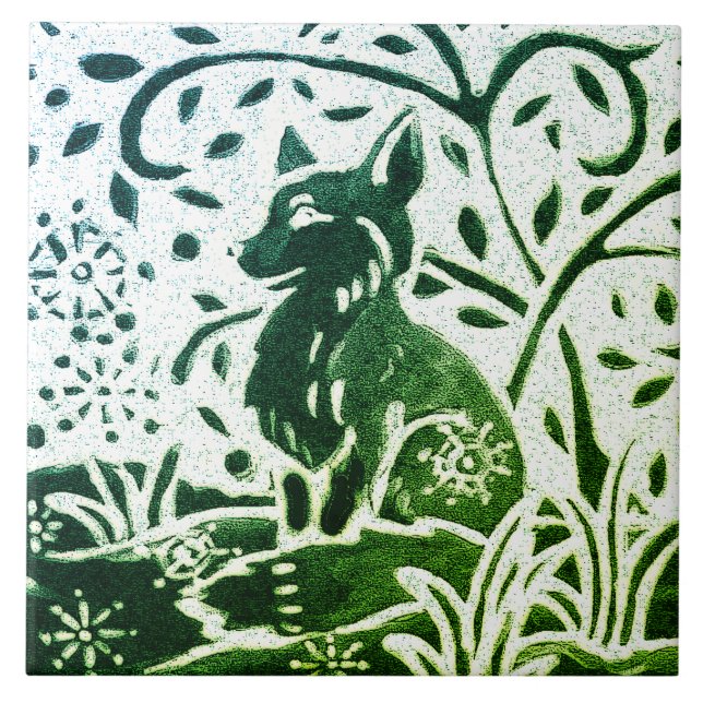 Fox Batik Modern Green Blue Teal Winter Woodland Tile (Front)