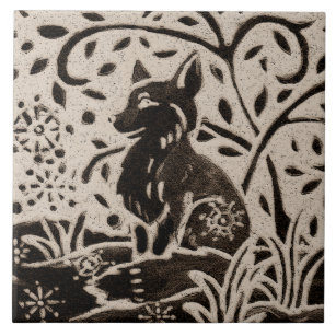 Fox Batik Stoneware Woodland Animal Tan Grey Brown Tile