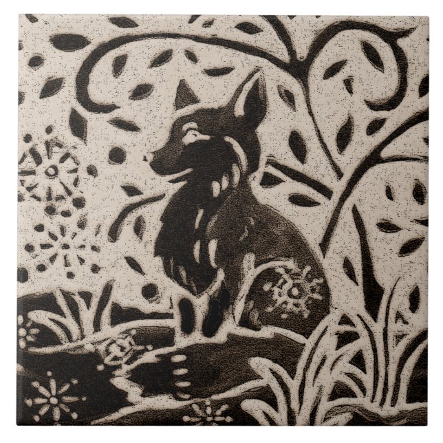 Fox Batik Stoneware Woodland Animal Tan Grey Brown Tile (Front)