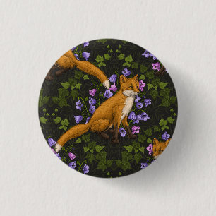 Fox, bellflowers and ivy, green, orange and viole 1 Inch Round Button