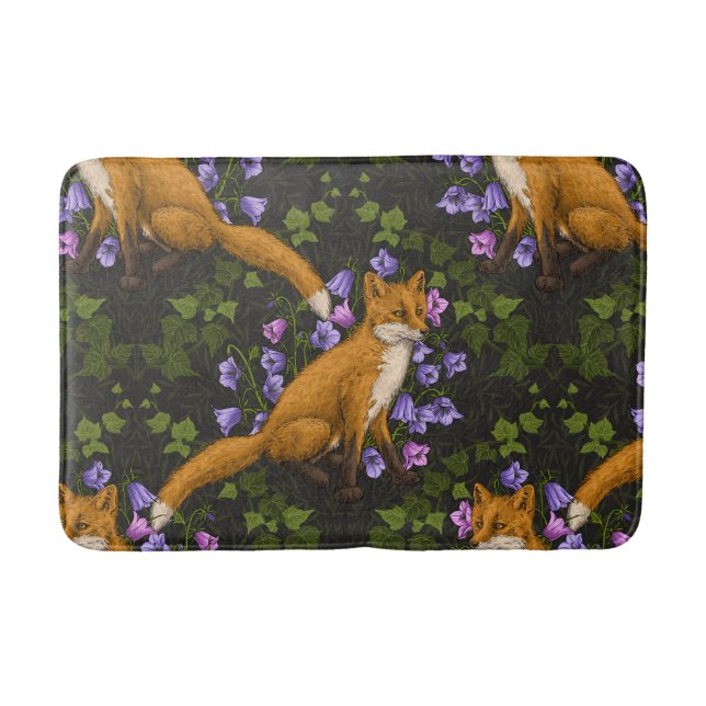 Fox, bellflowers and ivy, green, orange and viole Bath Mat (Front)