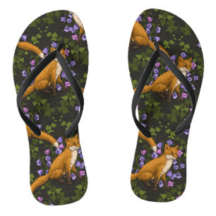  Fox, bellflowers and ivy, green, orange and viole Flip Flops
