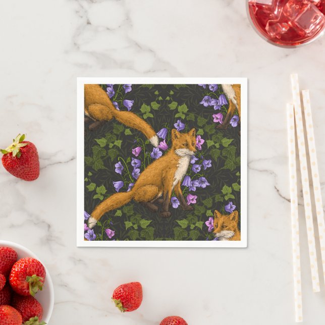  Fox, bellflowers and ivy, green, orange and viole Napkin (Insitu)