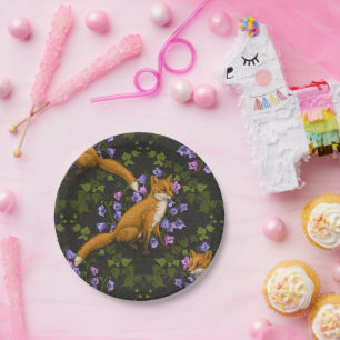 Fox, bellflowers and ivy, green, orange and viole Paper Plate