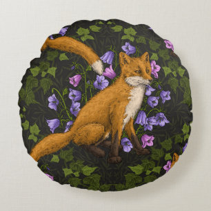  Fox, bellflowers and ivy, green, orange and viole Round Pillow