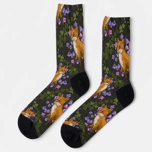 Fox, bellflowers and ivy, green, orange and viole Socks