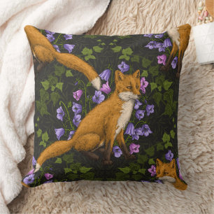  Fox, bellflowers and ivy, green, orange and viole Throw Pillow