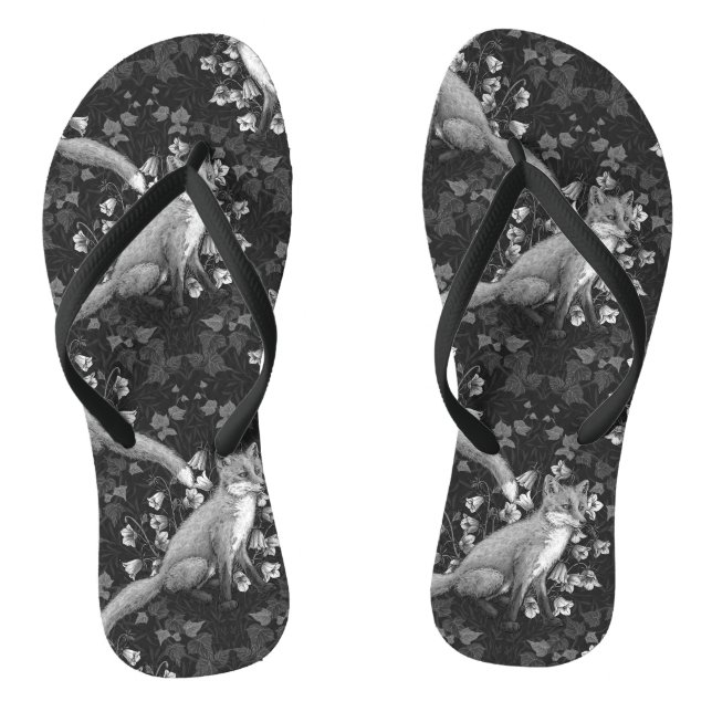  Fox, bellflowers and ivy, monochrome, silver wall Flip Flops (Footbed)