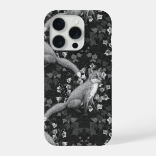Fox, bellflowers and ivy, monochrome, silver wall iPhone 15 Pro Case