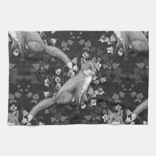  Fox, bellflowers and ivy, monochrome, silver wall Kitchen Towel