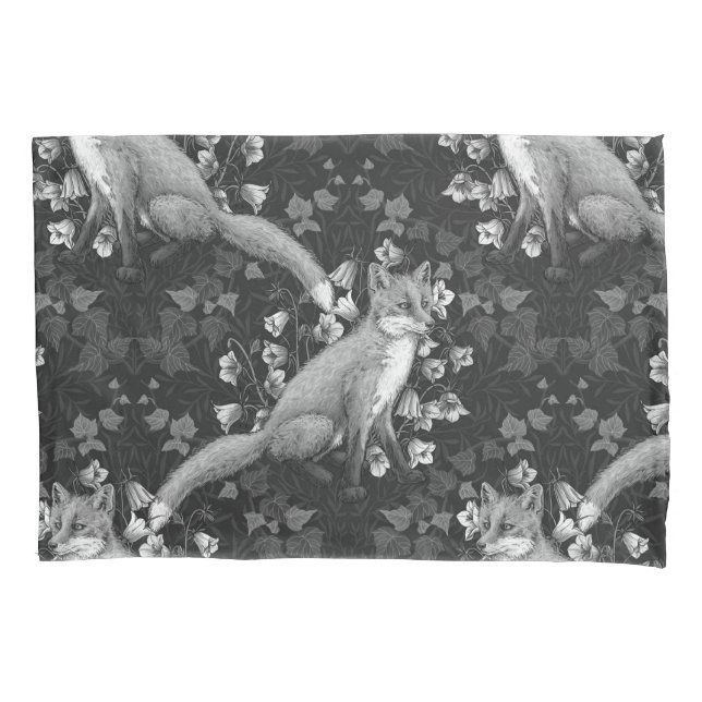  Fox, bellflowers and ivy, monochrome, silver wall Pillowcase (Front-Left)