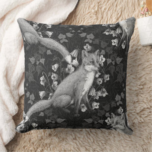 Fox, bellflowers and ivy, monochrome, silver wall Throw Pillow