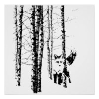 Fox Birch Tree Forest Animal Silhouette Nature Art