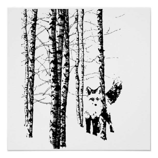Fox Birch Tree Forest Animal Silhouette Nature Art Poster (Front)