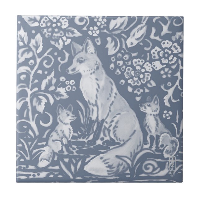 Fox Blue White Botanical Forest Painting Tile (Front)