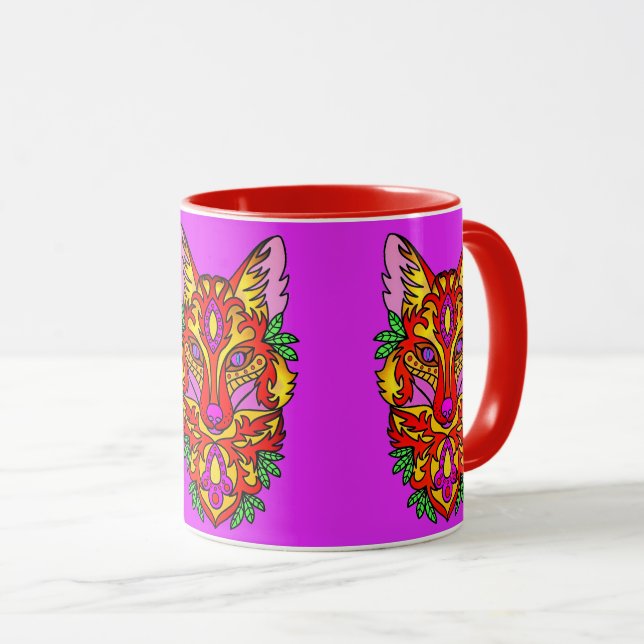 Fox boho abstract art wolf bohemian red purple  mug (Front Right)