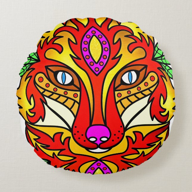 Fox boho abstract art wolf red purple  round pillow (Front)