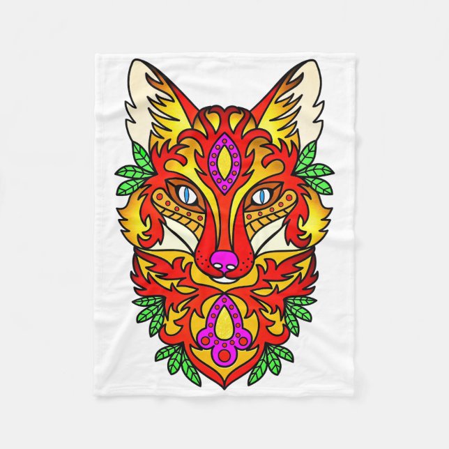 Fox boho wolf abstract art red purple white fleece blanket (Front)