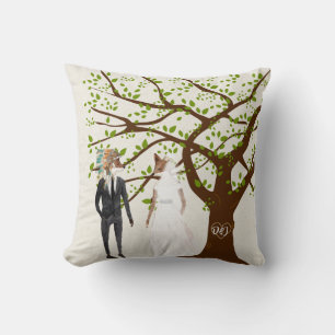 Fox Bride and Groom with Tree Initials Throw Pillow
