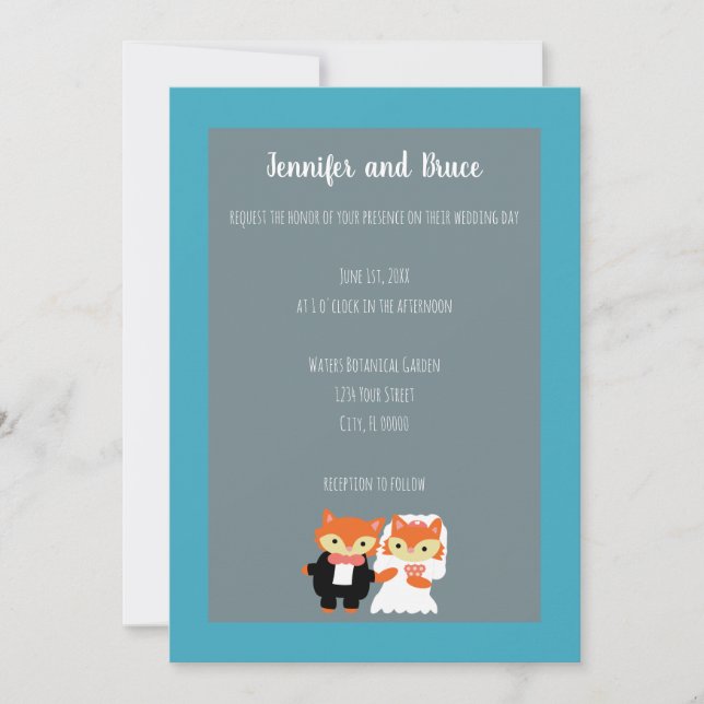 Fox Bride Groom Cute Teal Grey Personalize Wedding Invitation (Front)