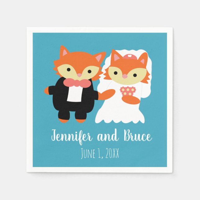 Fox Bride Groom Wedding Blue Turquoise Personalize Napkin (Front)