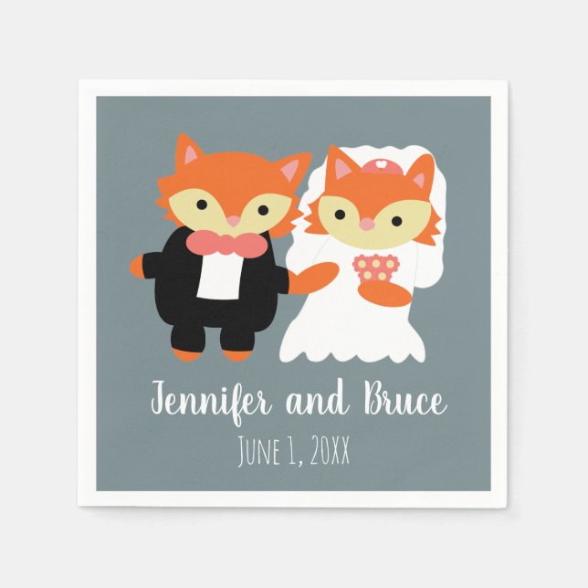 Fox Bride Groom Wedding Grey Cute Personalize Napkin (Front)