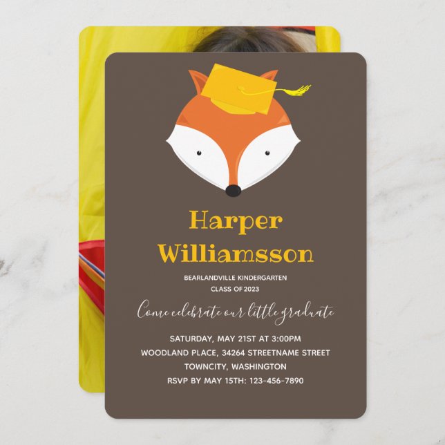 Fox Brown Yellow Photo Kindergarten Graduation Invitation (Front/Back)