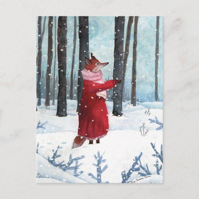 Fox Catching Snowflakes Watercolor Illustration Postcard (Front)