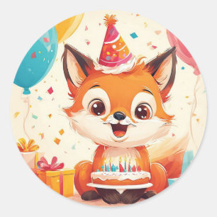 🦊 Fox Celebrating Birthday Party Decor Theme 🎉 Classic Round Sticker