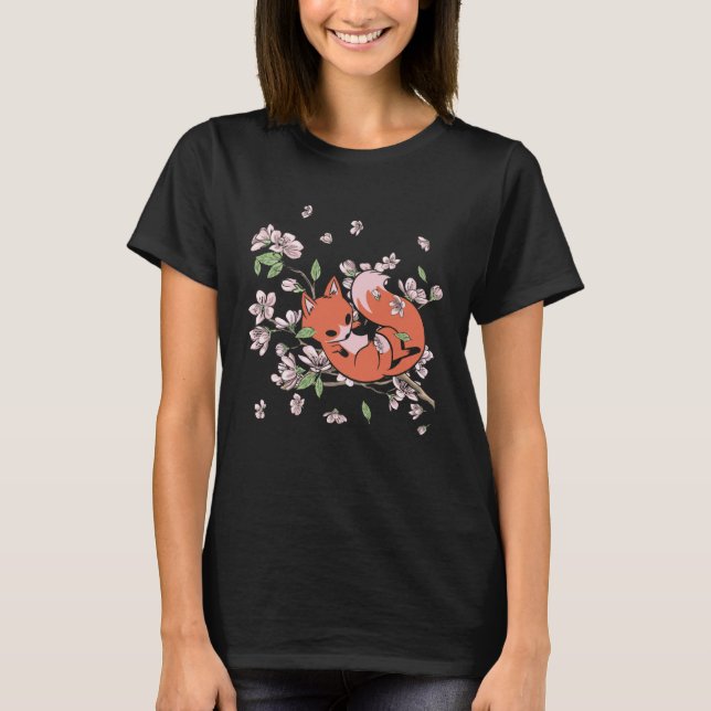 Fox Cherry Blossom Foxes Japanese Flower Sakura T-Shirt (Front)