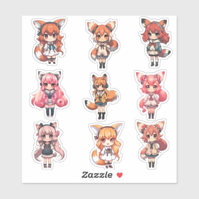 Fox Chibi Art mignonne Girl Anime Stickers (Feuille)